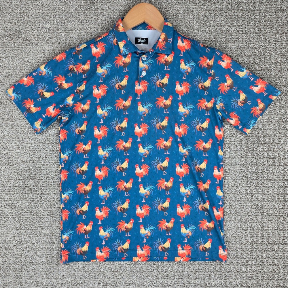 Waggle Kids Rooster Polo Shirt Blue Short Sleeve Golf Performance Size Large